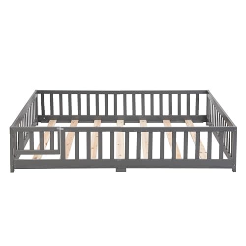 Queen Size Pine Wood Floor Bed Frame with Door and Rails - Grey