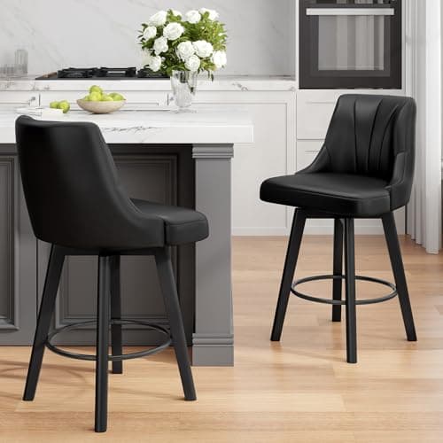 Counter Height Swivel Bar Stool Set, Black, 24" PU Leather, Kitchen Dining Room
