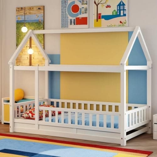 PVWIIK Full Size Montessori Floor Bed with Roof & Guardrails, Natural