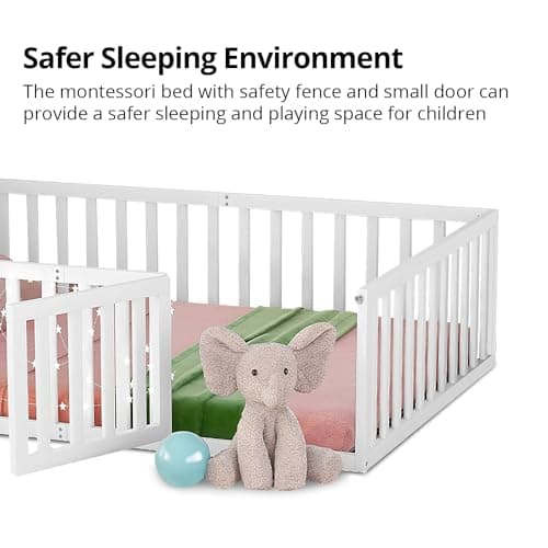 Montessori Floor Bed for Children, Queen Size White Wood Frame with Fence & Door