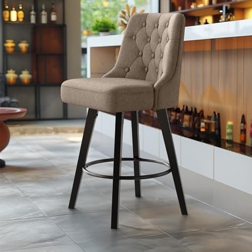 Retro Upholstered Swivel Bar Stools, 360 Rotation, Gray Linen, Solid Wood Legs, Kitchen Island, 26" H Seat