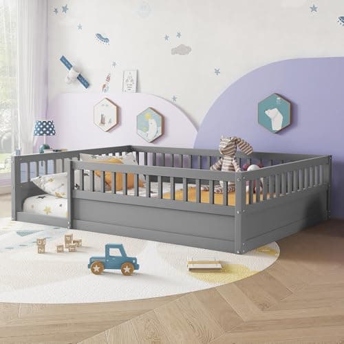Full Size Montessori Floor Bed with High Fence, Natural Wood for Kids