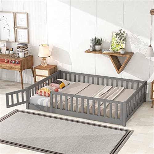 Full Size Montessori Floor Bed with Fence & Door for Children, Gray