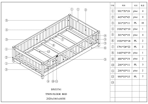 Children Twin Size Montessori Floor Bed Frame with Guardrails, Door, Solid Wood Platform - Gray