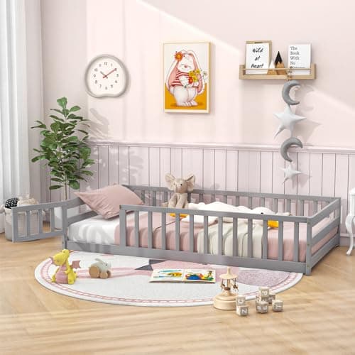 Giantex Safety Floor Bed Twin with Door & Fence (Grey)
