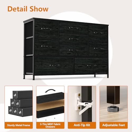 Furnulem Black 7 Drawer & 9Drawer Dresser with FabricBins