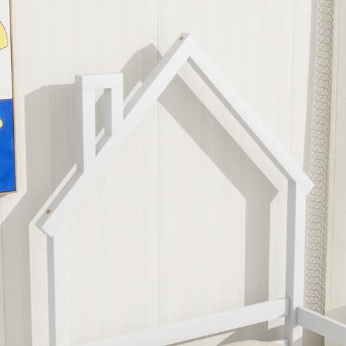 i-POOK Kids Wooden Montessori Floor Bed with House-Shaped Headboard and Handrails, White