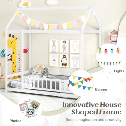 KOMFOTT White Wooden Twin Bed with Safety Guardrail & Roof for Kids