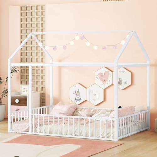 Bellemave Full Size Montessori Metal House Bed with Fence, White