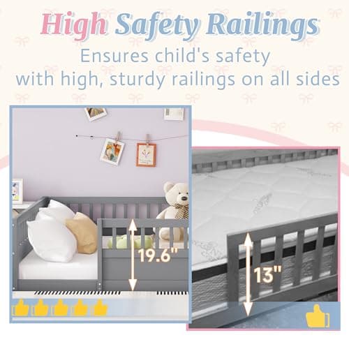 Montessori Full Size Floor Bed with High Rails, Gray for Kids Boys Girls Teens