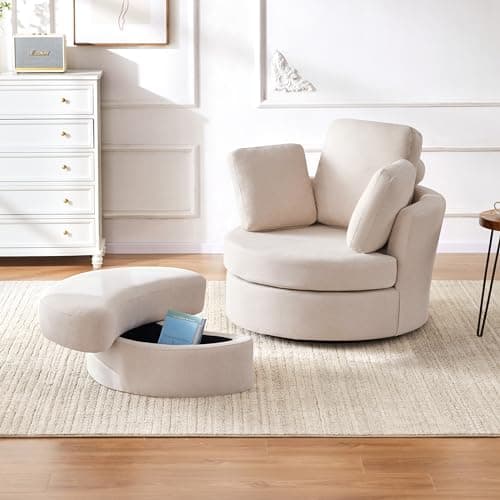 Grey Swivel Barrel Chair with Removable Headrest, Chaise Lounge, Oversized Living Room Chair