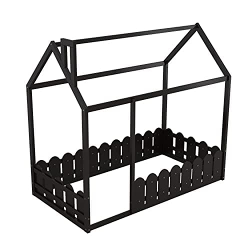 Wood House Bed Frame with Fence, Roof, and Full-Length Guardrail, for Children and Teens