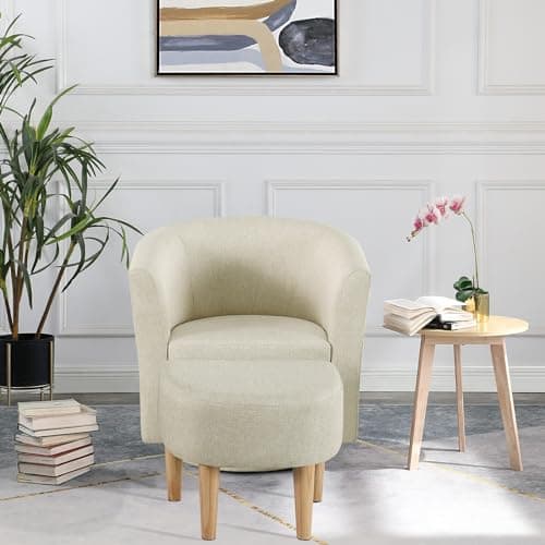 Beige 360 Degree Swivel Accent Chair with Ottoman for Living Room and Bedroom