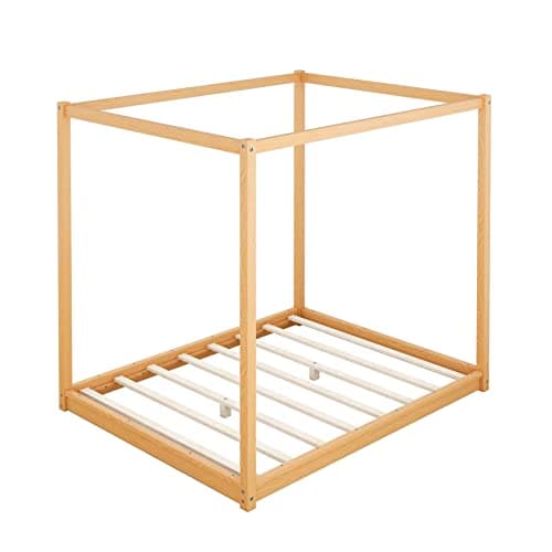 Merax Modern Queen Size Wood Canopy Bed - No Box Spring Needed/EasyAssembly