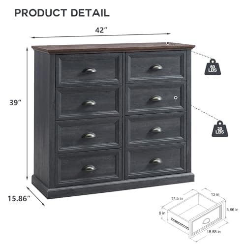 Rustic Dark Grey Farmhouse 8 Drawer Dresser, 39" Tall, Wood Organizer Storage