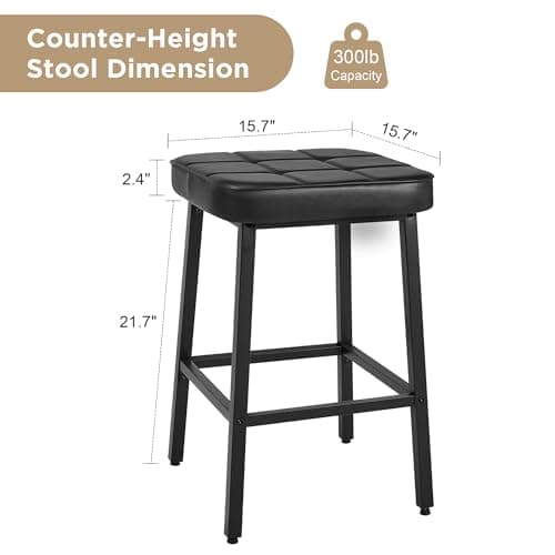 VECELO Modern 24" PU Leather Bar Stools, Black, Counter Height Set of 2