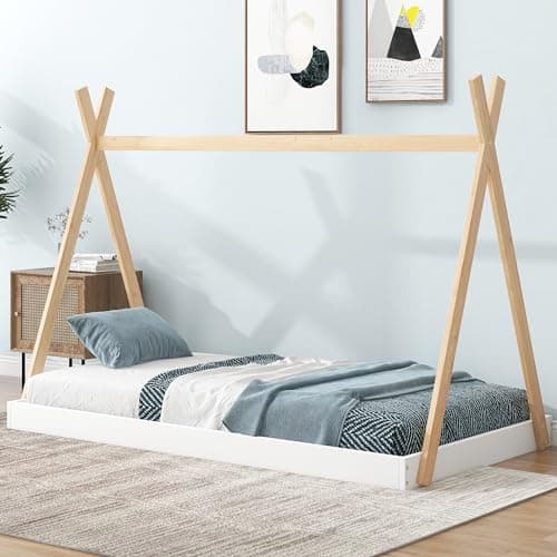 Montessori Style Black & Brown Wood Teepee Bed for Kids Box Spring Required