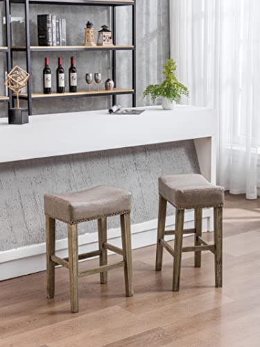 Farmhouse Bar Stools Set of 2, Gray PU Leather Upholstered Saddle Stools