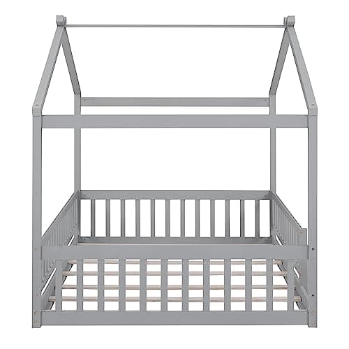 Full Size Wood Montessori Bed with Roof and Fence-Shaped Guardrails, Gray