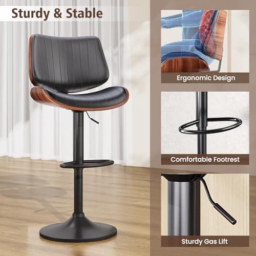 Bentwood Back Bar Stools, Black Leather Seat, Kitchen Island Set of 2