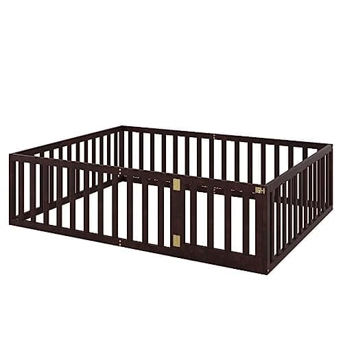 Montessori Floor Bed for Kids in Queen Size, Walnut Wood Frame with Fence and Door