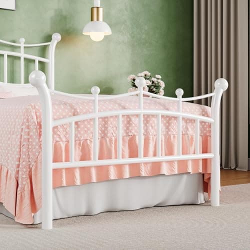 Hombck White Metal Twin Bed Frame with Crown Headboard