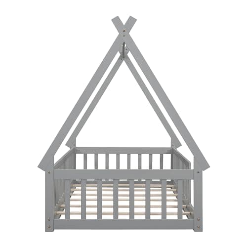 Montessori Floor Bed for Kids with Guardrails, Twin Size, Tent-Shaped Grey Frame