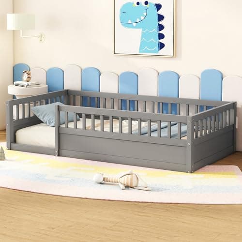 Montessori Twin Bed with High Railings for Kids, Gray