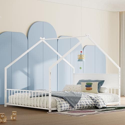 KEIKI Full Size Floor Bed with Colorful Lights (White)
