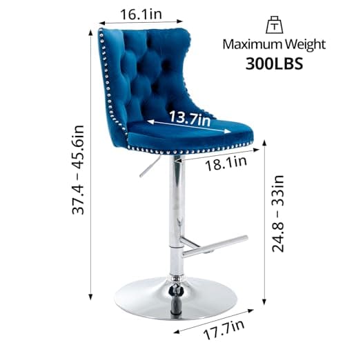Counter Height Swivel Barstools Set of 2 with High Back and Nailheads Trim, Blue Velvet Upholstered - for Home Bar Kitchen Island Cafe