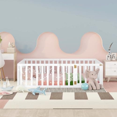 Montessori Floor Bed for Children Boys and Girls, White Wood Frame with Fence and Door