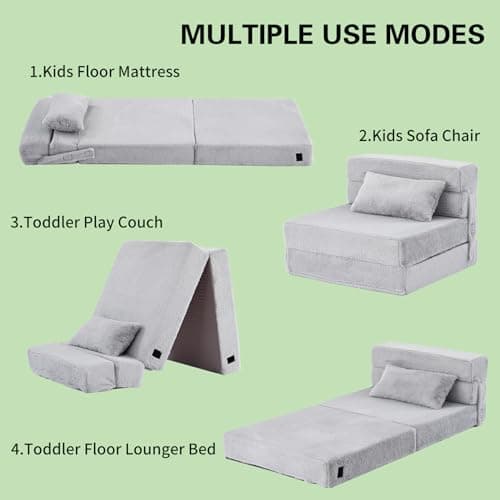 Tiita Kids Foldable Futon Bed Mattress Sofa with Storage Bag, Plush Grey