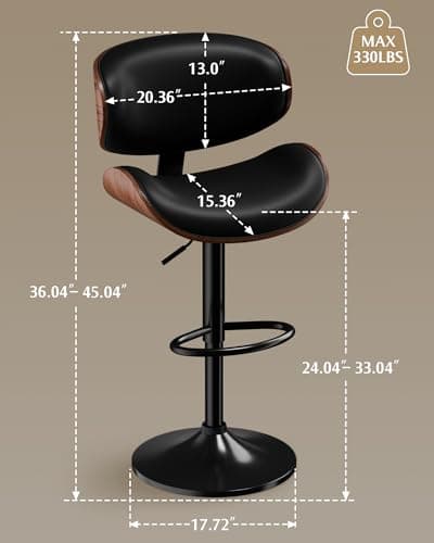Mid-Century Modern Black PU Leather Bar Stool Set of 4 with Back