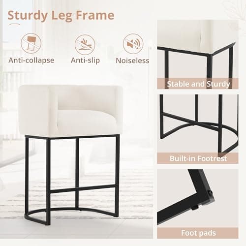 LUE BONA Black Metal Bar Stools, 27" Counter Height, Set of 4, Linen Upholstered Beige