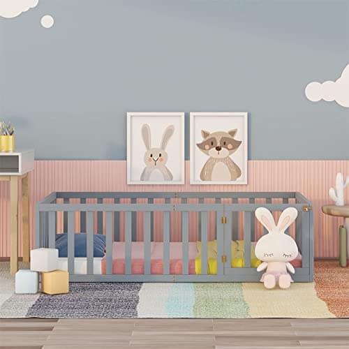 i-POOK Gray Twin Size Floor Bed with Safety Fence & Door