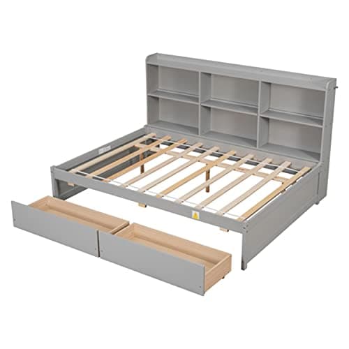 Full Size Gray Solid Wood Bed with Side Bookcases & Storage Drawers