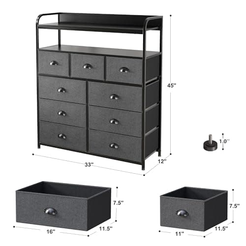 EnHomee Sturdy Metal Tall Dresser with 9 Drawers & 2 Shelves, Black Grey