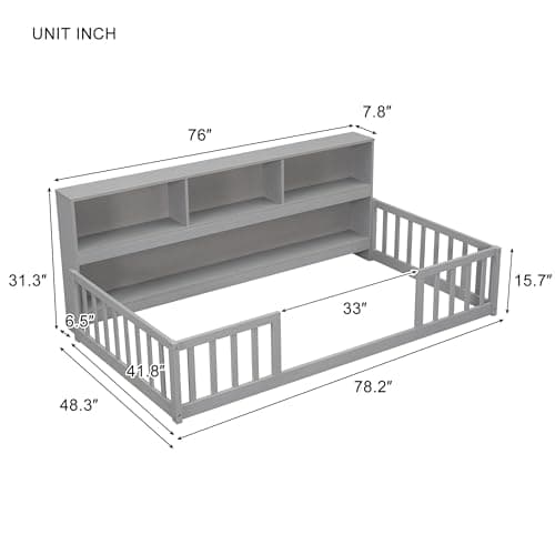 Grey Twin Montessori Floor Bed with Bookcase & Safety Guardrails