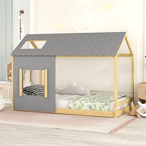 Wood House Twin Bed with Slats, Roof & Window for Kids