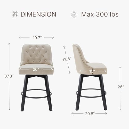 Beige Leather Swivel Barstools, 26" Height, Kitchen Island Set of 2