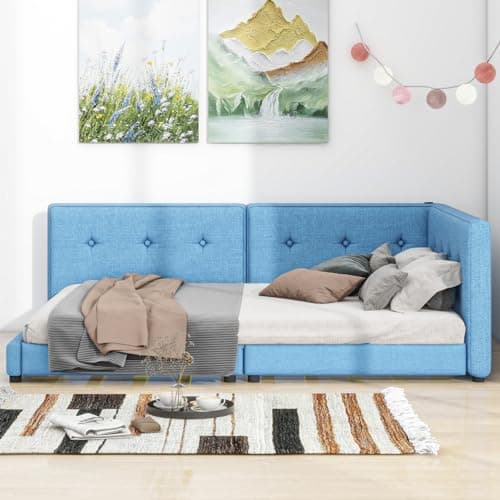 Wood Floor Bed Frame with USB Ports, Blue - Low Profile for Adults and Children up to 600 lbs.