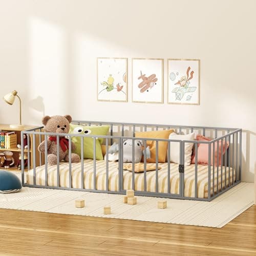 ROOMTEC Montessori Twin Floor Bed Frame with Fence & Door Easy Assembly