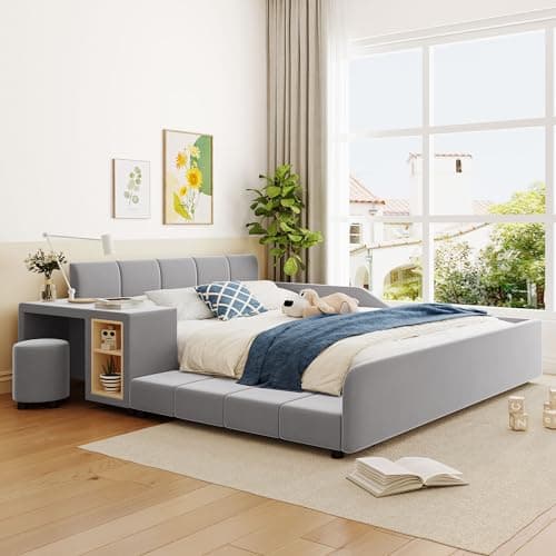 Beige Velvet Upholstered Queen Bed with Desk & Stool, No Box Spring Required