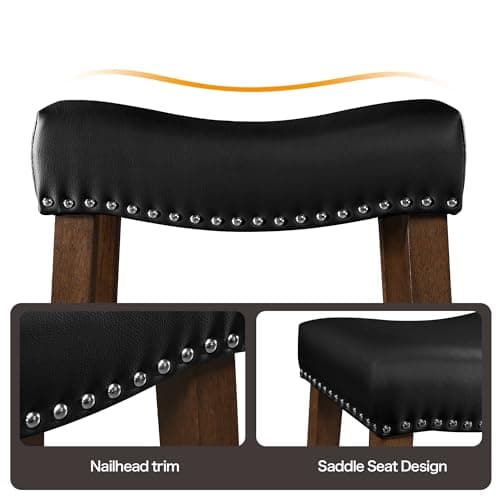 Set of 2 Black Backless Bar Stools for Kitchen Island in Counter Height, Faux Leather Upholstered Seat