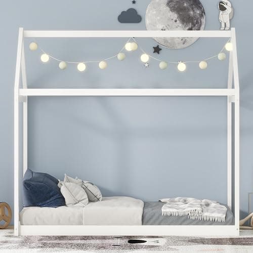 LUSPAZ White Wood House-Shaped Bed with Headboard, Sturdy Montessori Bed Frame for Toddlers & Babies
