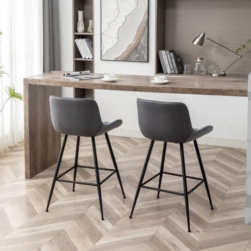Modern Velvet Bar Stools, Grey with Black Legs, Set of 2 for Kitchen Island.