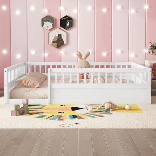 Twin Size Floor Bed with High Fence, Solid Wood Montessori for Kids, White