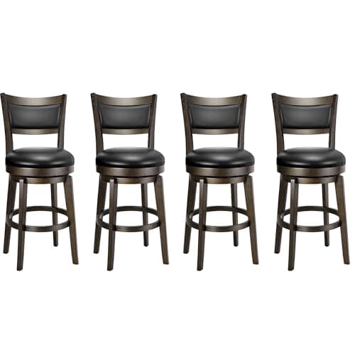 PrimeZone Set of 4 Black Faux Leather 24 Counter Height Bar Stools with High Backrest and Wood Legs