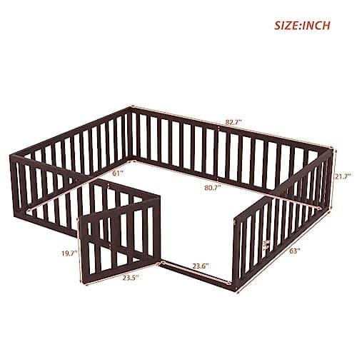 Montessori Floor Bed for Kids in Queen Size, Walnut Wood Frame with Fence and Door