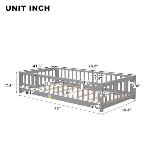 Grey Twin Size Montessori Bed Frame with Fence & Door, Easy Assemble